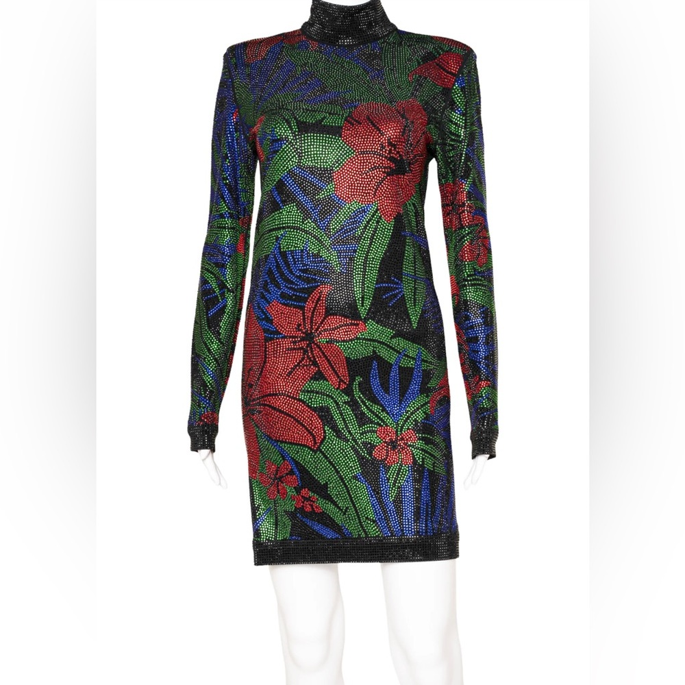 BALMAIN (RARE) Dress Size 36, Floral + Black Mock Neck, Glass Beaded Mini Dress